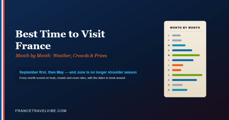 Best time to visit France cover graphic showing a twelve-month scorecard with September and May rated highest and July and August marked as peak season
