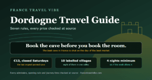 Cover graphic for this Dordogne travel guide showing the key numbers: 7 rules, 10 labelled villages, a 13 euro cave ticket and 4 nights minimum