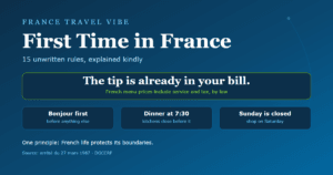 First time in France tips cover graphic stating that the tip is already in your bill, with rule chips for saying bonjour first, dinner starting at 7:30pm and Sunday closures