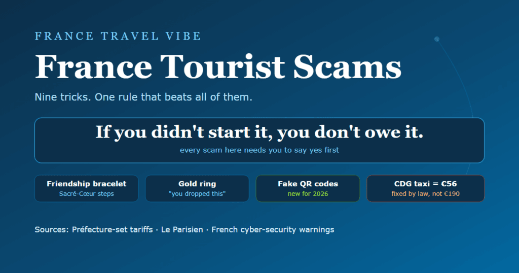 France tourist scams cover graphic showing the rule that beats every scam, with chips for the friendship bracelet, gold ring and fake QR code, and a note that the legal CDG taxi fare is 56 euros