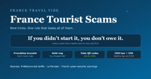 France tourist scams cover graphic showing the rule that beats every scam, with chips for the friendship bracelet, gold ring and fake QR code, and a note that the legal CDG taxi fare is 56 euros