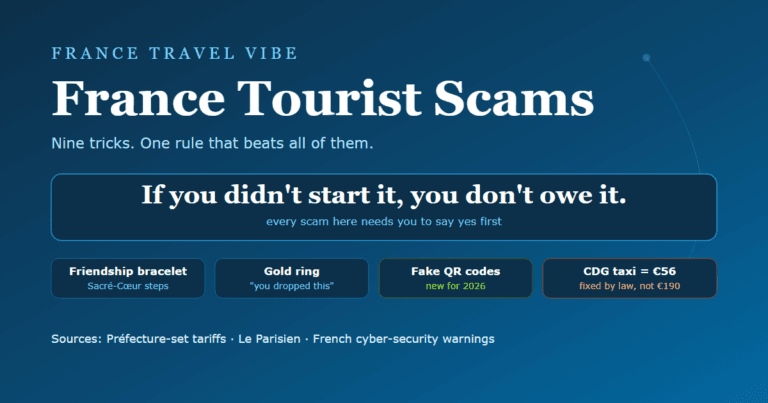 France tourist scams cover graphic showing the rule that beats every scam, with chips for the friendship bracelet, gold ring and fake QR code, and a note that the legal CDG taxi fare is 56 euros