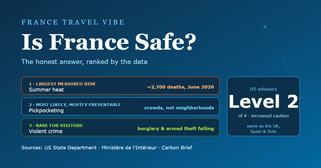 Is France safe cover graphic ranking the real risks to a French trip, with summer heat as the largest measured risk, pickpocketing as the most likely, and violent crime rare for visitors, plus a note that France sits at US advisory Level 2