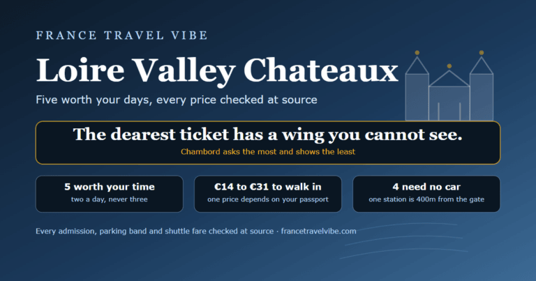 Cover graphic for a guide to the Loire Valley chateaux showing the key numbers: 5 worth your time, 14 to 31 euros to get in, and 4 reachable without a car