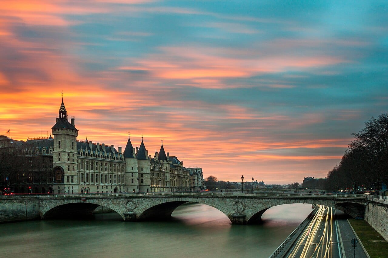 Sunset over the Seine river in Paris