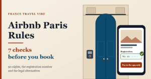 Airbnb Paris rules cover graphic: a Paris apartment doorway with a key box, and a phone showing a listing card with its registration number checked