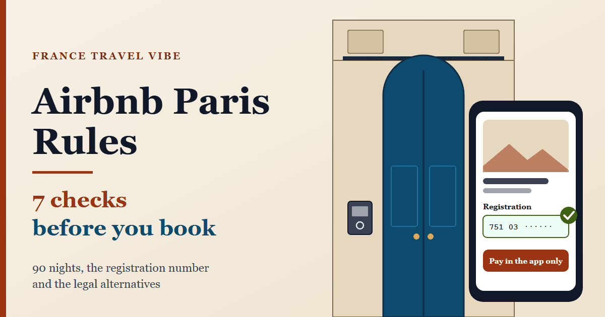 Airbnb Paris rules cover graphic: a Paris apartment doorway with a key box, and a phone showing a listing card with its registration number checked