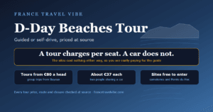 D-Day beaches tour comparison: group tours from 80 euros a head, about 37 euros each for two sharing a car, sites free to enter