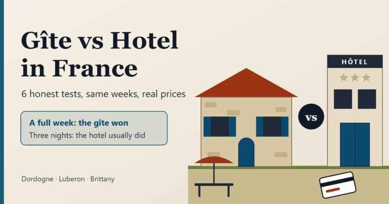 Gîte vs hotel in France cover graphic: a stone gîte with blue shutters and a garden table beside a hotel entrance with a key card
