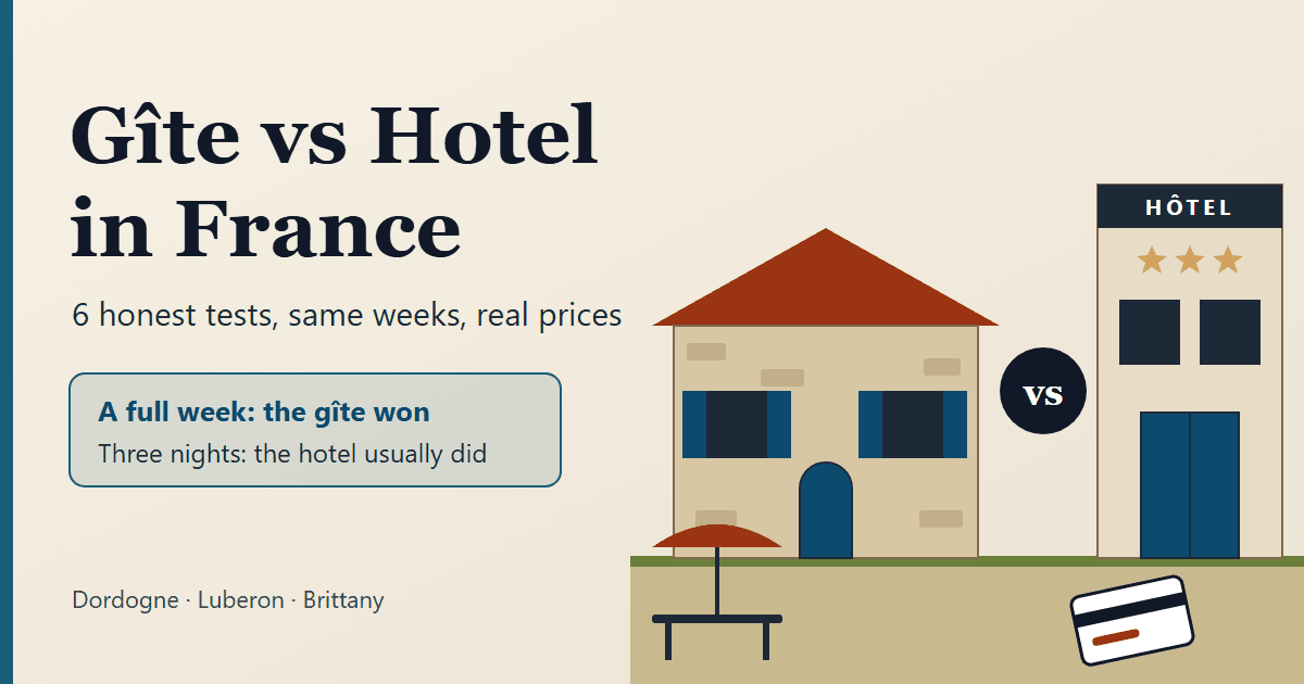 Gîte vs hotel in France cover graphic: a stone gîte with blue shutters and a garden table beside a hotel entrance with a key card