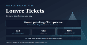 Cover graphic for Louvre tickets showing the key 2026 numbers: 22 euros for EEA visitors, 32 euros for everyone else, free under 26 in the EEA, and six rules that set the price