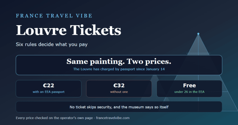 Cover graphic for Louvre tickets showing the key 2026 numbers: 22 euros for EEA visitors, 32 euros for everyone else, free under 26 in the EEA, and six rules that set the price