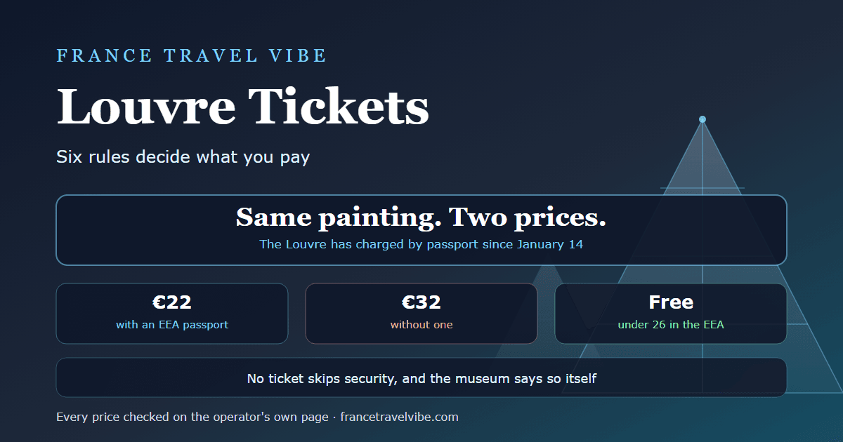 Cover graphic for Louvre tickets showing the key 2026 numbers: €22 for EEA visitors, €32 for everyone else, free under 26 in the EEA, and six rules that set the price