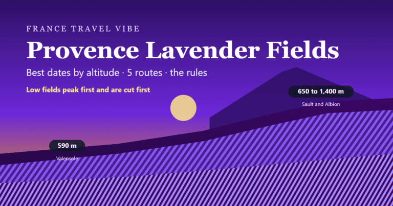 Provence lavender fields cover graphic: violet rows stepping up from the Valensole plateau at 590 metres to Sault and Albion at 650 to 1,400 metres, best dates by altitude and five routes
