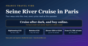 Seine river cruise in Paris cover graphic: sightseeing boats from 15 euros, the 23 euro Batobus day pass, dinner cruises from 59 to 219 euros, and private boats from 1,700 euros