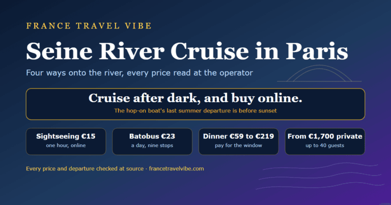 Seine river cruise in Paris cover graphic: sightseeing boats from 15 euros, the 23 euro Batobus day pass, dinner cruises from 59 to 219 euros, and private boats from 1,700 euros