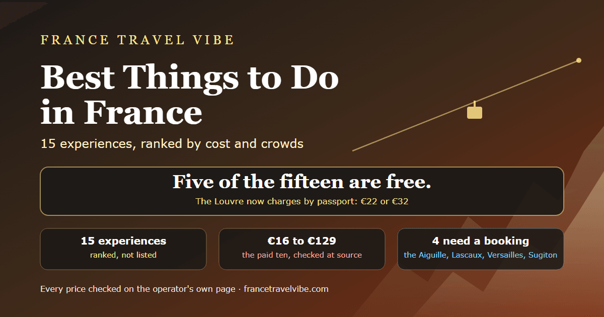 Cover graphic for the best things to do in France showing the key numbers: 15 experiences, 5 of them free, prices from €16 to €129, and 4 that must be booked
