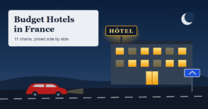 Budget hotels in France cover graphic: a small roadside hotel lit up at night with a glowing HÔTEL sign and a car on the road in front