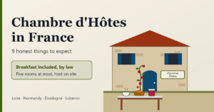 Chambre d'hôtes in France cover graphic: a stone farmhouse doorway with blue shutters and a breakfast table set outside