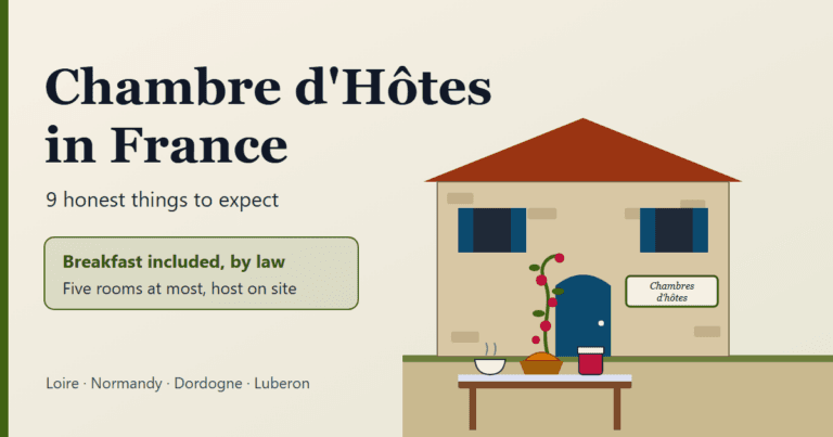 Chambre d'hôtes in France cover graphic: a stone farmhouse doorway with blue shutters and a breakfast table set outside