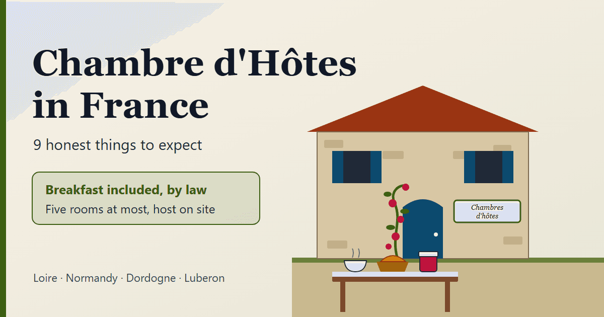 Chambre d'hôtes in France cover graphic: a stone farmhouse doorway with blue shutters and a breakfast table set outside