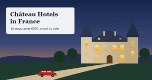 Château hotels in France cover graphic: a small stone château with two slate-roofed towers and lit windows at dusk, a gravel drive and a red car arriving