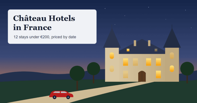 Château hotels in France cover graphic: a small stone château with two slate-roofed towers and lit windows at dusk, a gravel drive and a red car arriving