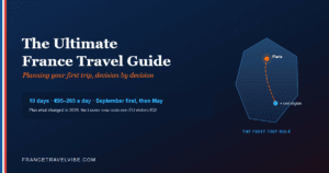 Cover graphic reading The Ultimate France Travel Guide with a route from Paris south and the key numbers: 10 days, €95–265 a day, September first, then May