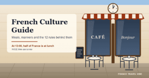 French culture guide cover graphic: a café terrace at one o'clock, with a clock above the door, a waiter carrying a tray, and a street empty for lunch