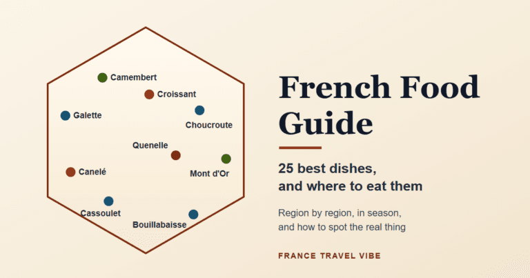 French food guide cover graphic: a hexagon shaped like France with nine regional dishes placed on their regions, from galette in Brittany to bouillabaisse in Marseille