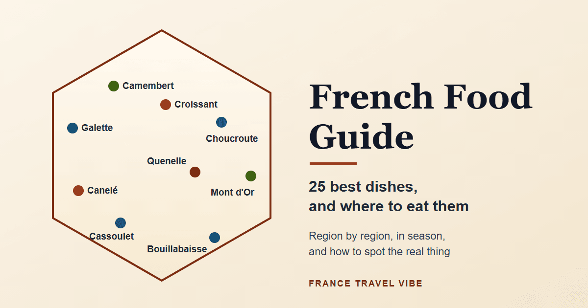 French food guide cover graphic: a hexagon shaped like France with nine regional dishes placed on their regions, from galette in Brittany to bouillabaisse in Marseille