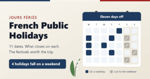 French public holidays cover graphic: a wall calendar with eleven marked days, four of them greyed out on the weekend, and a sprig of lily of the valley
