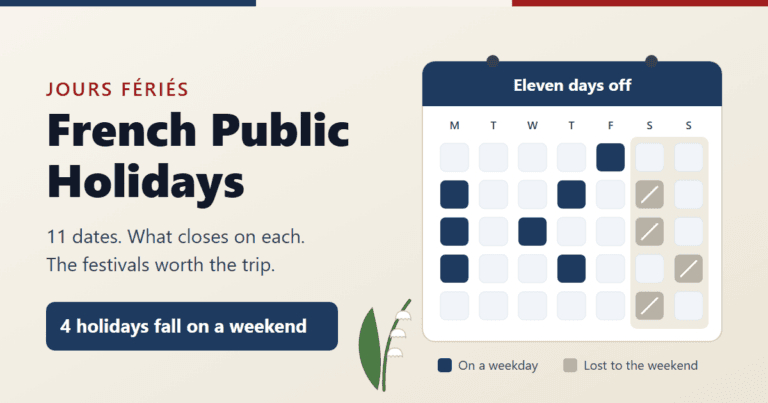 French public holidays cover graphic: a wall calendar with eleven marked days, four of them greyed out on the weekend, and a sprig of lily of the valley