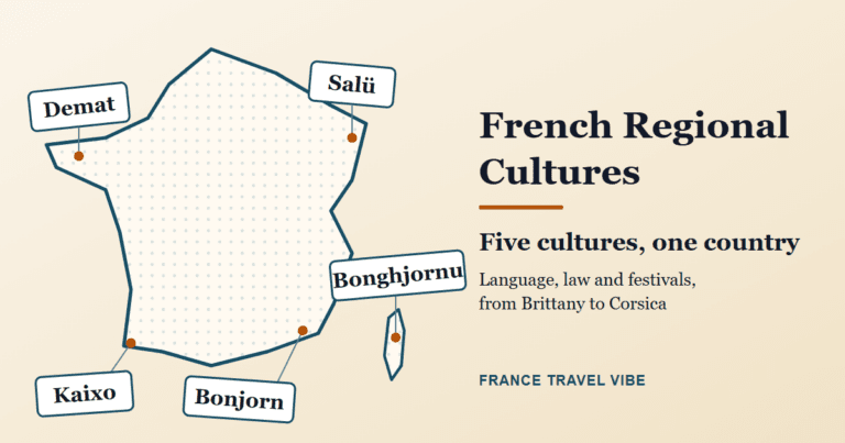 French regional cultures cover graphic: five greeting tags reading Demat, Kaixo, Salü, Bonghjornu and Bonjorn pinned to a simplified outline of France