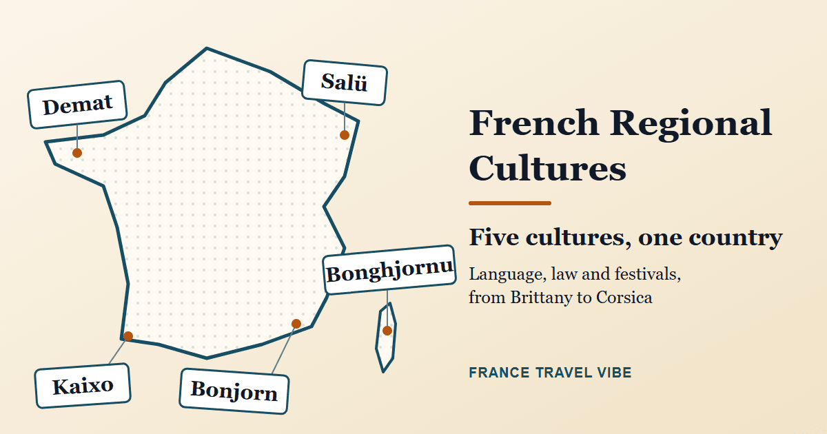 French regional cultures cover graphic: five greeting tags reading Demat, Kaixo, Salü, Bonghjornu and Bonjorn pinned to a simplified outline of France