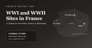 WWI and WWII sites in France cover graphic: a quiet map of northern France with the 1914 to 1918 front drawn as a dashed line and three marked clusters at the Somme, Verdun and the Normandy coast